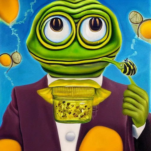 Image similar to pepe frog eating honey, surrealism, oil and acrylic on canvas, high detail