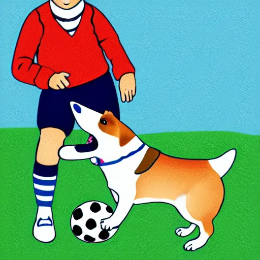 Image similar to illustration of french boy playing football with a corgi who is wearing a polka dot scarf