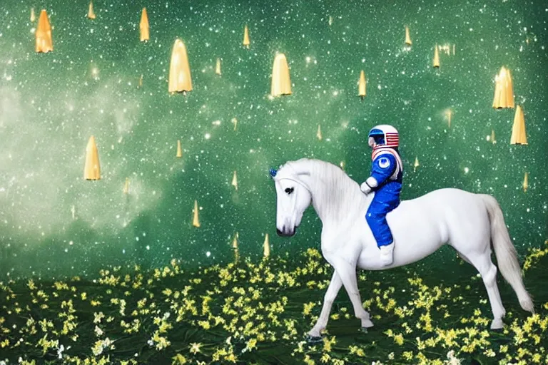 Image similar to an astronaut rode a white horse in a forest of osmanthus, surreal style, dreamy style