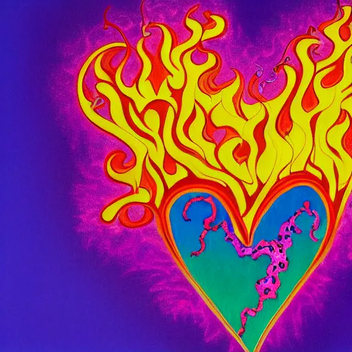 Image similar to a highly detailed painting of kitschy purple hearts in flames, inspired by lisa frank, dali, matisse, david hockney, trending on artstation, 4 k