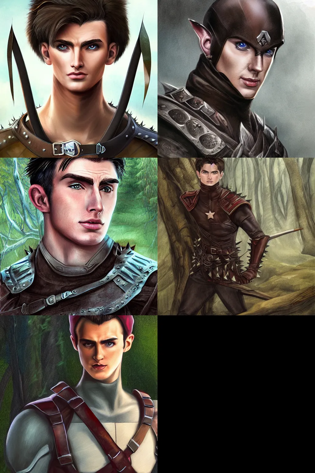 Prompt: A digital painting of a young handsome hero with face of a young Chris Evans rogue elf with short spikey white hair hunting in the woods wide shot, dark leather armor, realistic, detailed, in the style of Alan Lee and John Howe and Larry Elmore