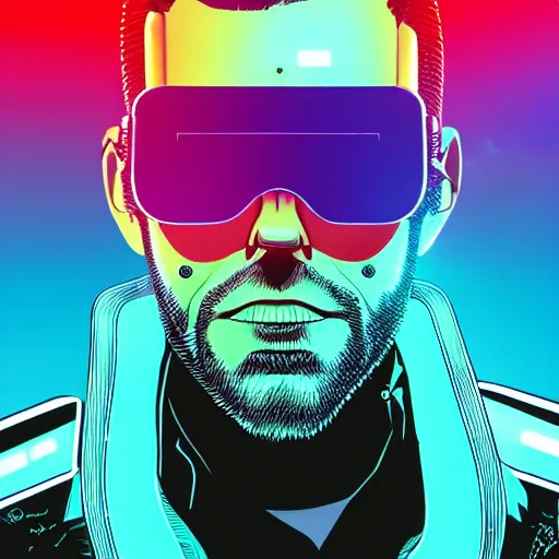 Prompt: 3 / 4 view closeup portrait of johnny silverhand from cyberpunk 2 0 7 7 with light blue shutter shades in front of a sunset, a dark purple leather jacket, vector art by jan tengnagel, pixabay contest winner, retrofuturism, retrowave, synthwave, outrun, portrait, synthwave