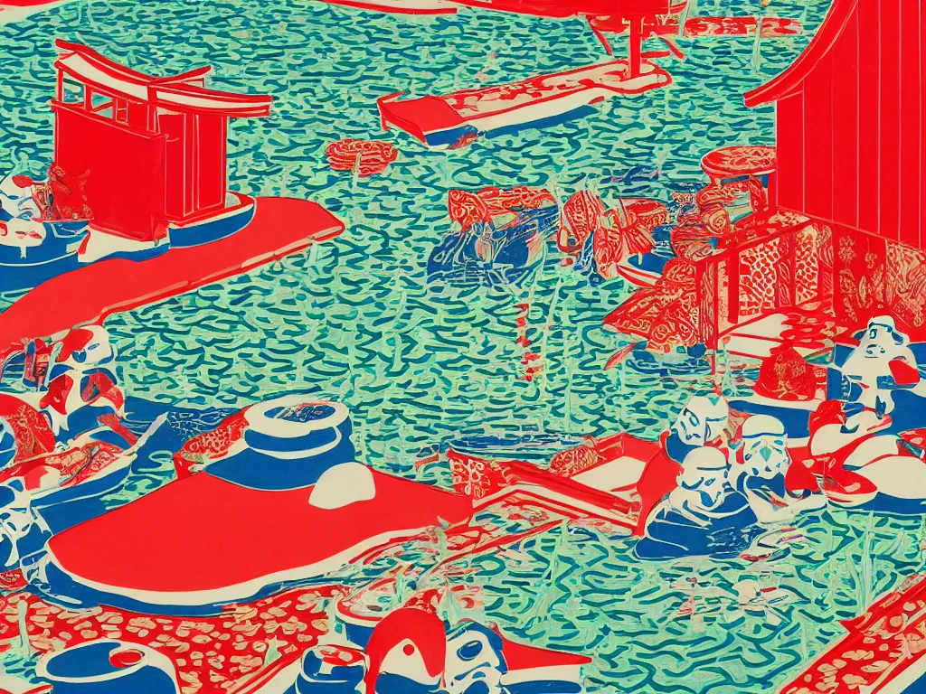 Image similar to close - up image of a japanese red house with a pond, with stormtroopers sitting around it, a combination of pop - art and traditional japanese painting styles, the style of andy warhol, roy lichtenstein and jackie tsai, bright and saturated palette, acrylic on canvas