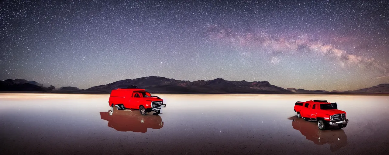 Image similar to dodge ram red power wagon with a roof top tent camping on wet salt flats at night, reflections, long exposure, milky way, Sayem Reza, poster