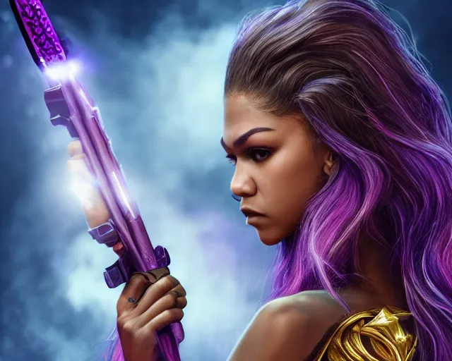 Prompt: Zendaya in heroic pose with weapon, cinematic, 4k, hyper realistic, super detailed, colorful accents, purple hair, golden ratio, symmetrical face, highly detailed professional photo, centered, rim lights, vray caustics, hyper realistic