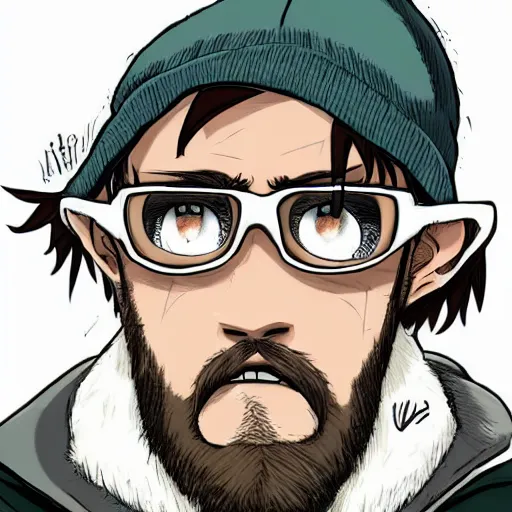 Prompt: white boy with a beard and glasses wearing a beanie in the style of attack on titan