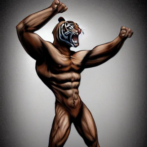 Prompt: A muscular standing tiger posing for the camera, featured on DeviantArt, FurAffinity, furry art, anthro