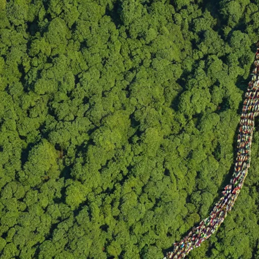 Image similar to aerial hd photographs of an uncontacted tribe from the amazon with tribe members looking up around a giant magical pyramid