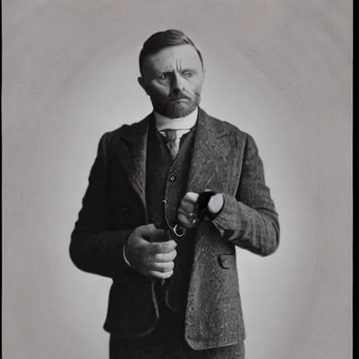 Prompt: headshot edwardian photograph of anthony hopkins, mads mikkelsen, arthur shelby, terrifying, scariest looking man alive, 1 8 9 0 s, london gang member, slightly pixelated, intimidating, fearsome, realistic face, peaky blinders, 1 9 0 0 s photography, 1 9 1 0 s, grainy, blurry, very faded!