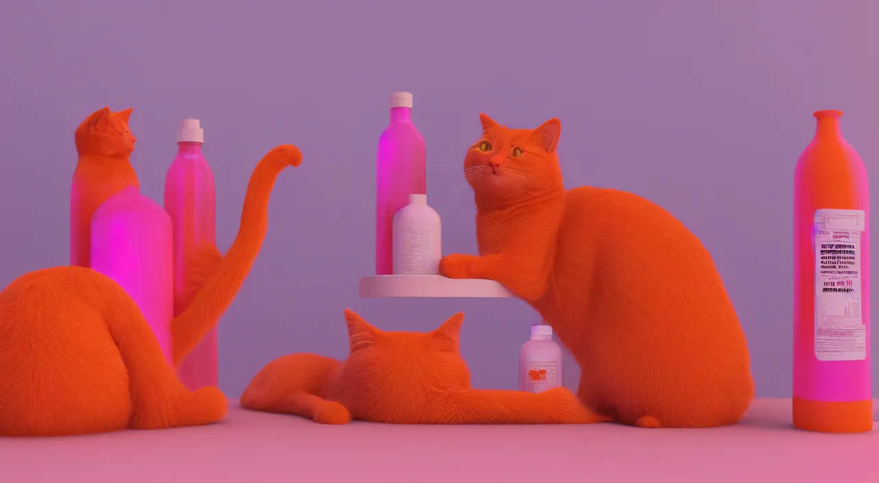Prompt: An orange cat is smiling, 2 bottles of medicine next to the cat, retro wave, pink hues, octane render,