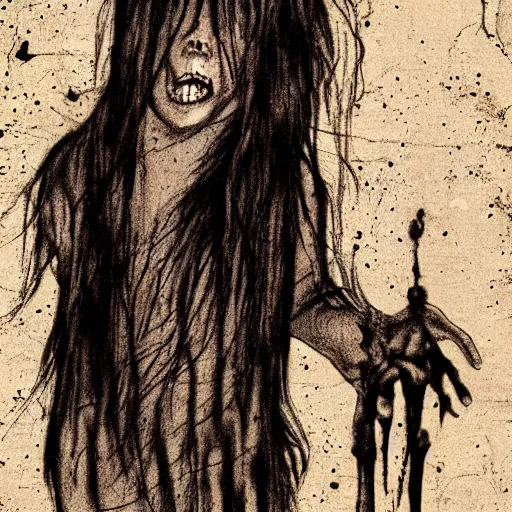 Image similar to grunge drawing of a happy sleeping giant in the style of the grudge | horror themed | loony toons style