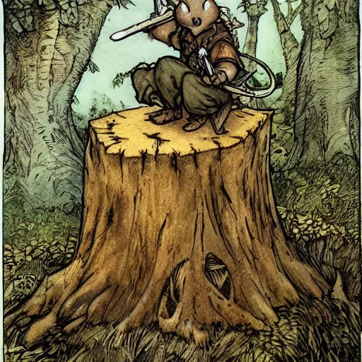 Prompt: Mouse Guard sits on a stump holding a sword, in deep forest, by rivuletpaper, rivuletpaper art, Mouse Guard by David Petersen, mouse photo, small details, realistic illustration, illustrations by irish fairy tales james stephens arthur rackham