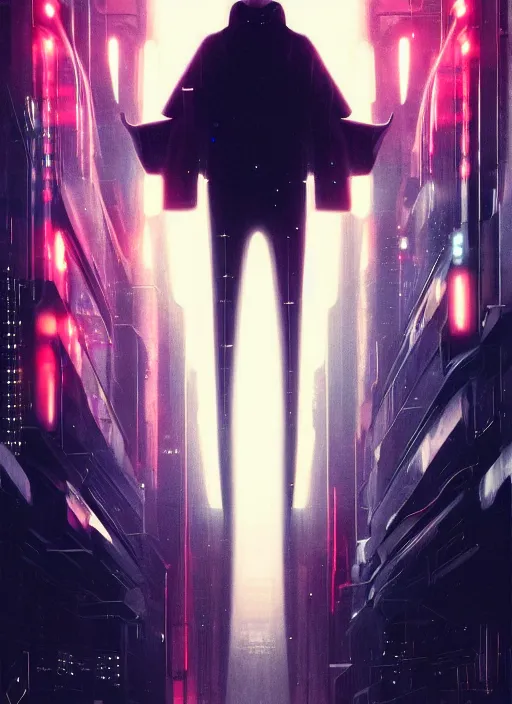 Image similar to symmetry!! film still establishing shot of the technological singularity, sci - fi -, cyberpunk, blade runner, glowing lights, tech, biotech, techwear!! intricate, elegant, highly detailed, digital painting, artstation, concept art, smooth, sharp focus, blur, short focal length, illustration, art by artgerm and greg rutkowski and alphonse mucha