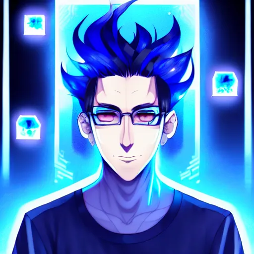 Image similar to a highly detailed portrait of a man with navy blue hair and blue glowing eyes, summoning blue transparent cubes, high detail clothing, concept art, anime, artstation, professional drawing