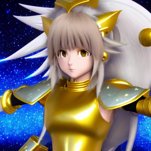 Prompt: photorealistic full shot of Saint Seiya knight wearing golden Cat armor as a cute anime girl, detailed, inspired by Masami Kurumada, unreal engine 4k, textured