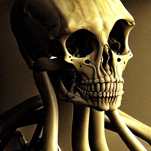 Prompt: biomechanical bone cyborg still frame from Prometheus movie by giger in Caravaggio style, undead knight rendering
