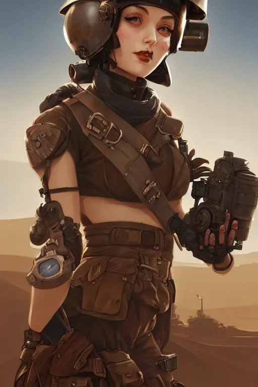 Prompt: dieselpunk soldier girl, helmet, shoulders, chest, portrait, desert, armored, highly detailed, sharp focus, art, illustrations by rossdraws and ayanamikodon and wlop and irakli nadar and loish