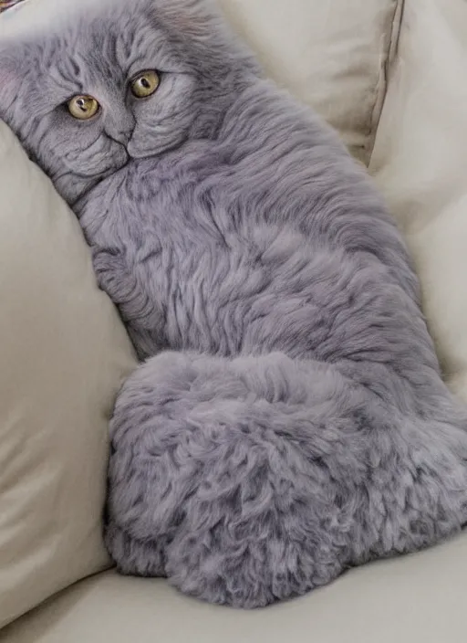 Prompt: on a plush bed of pillows regally sits a lovely pretty long lavender grey hair selkirk rex cat groomed and curly, glorious, realistic colored pencil rendering neo - classical, rule of thirds