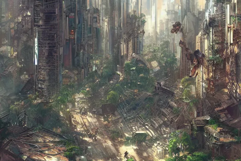 Image similar to a cyberpunk city in ruins, jungle plants overgrowing the streets and buildings, a few cats run through the ruins, by artgerm and amano and rutkowski and kincaid, trending on artstation