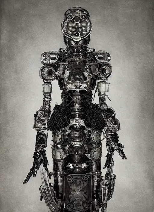 Image similar to old wetplate daguerreotype frame portrait of a futuristic silver armored geisha district 9 cyborg, fractal, intricate, elegant, highly detailed, subsurface scattering, by jheronimus bosch and greg rutkowski and louis jacques mande daguerre