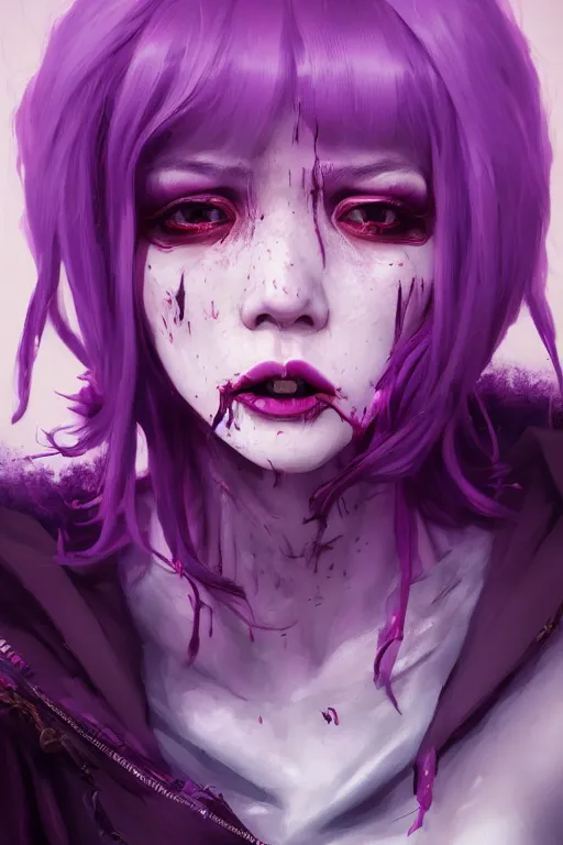 Image similar to portrait of a creepy horror girl purple hair by Tooth Wu, wlop, dan mumford , trending on artstation, greg rutkowski very coherent symmetrical artwork. cinematic, hyper realism, high detail, octane render, 8k
