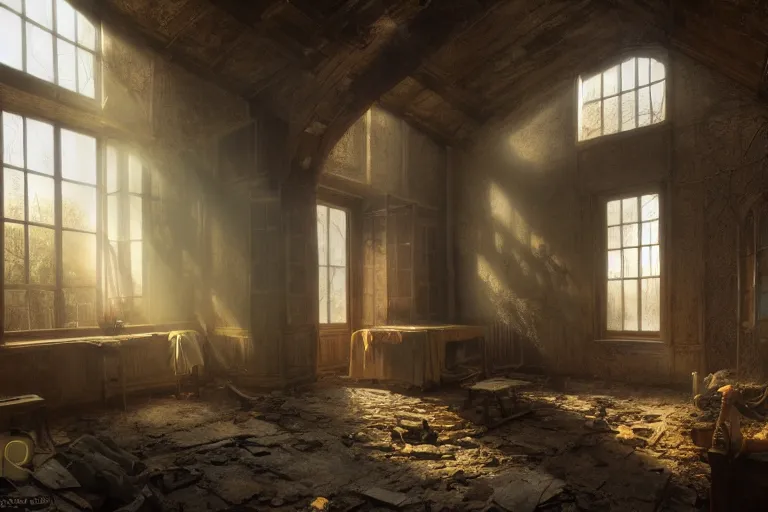 Prompt: the interior of an old abandoned house, an old oak tree grows inside the house, golden rays of sunlight enter through the window, digital art, trending on artstation, matte painting, concept art, drawn by greg rutkowski, inspired by johannes vermeer, warm colors