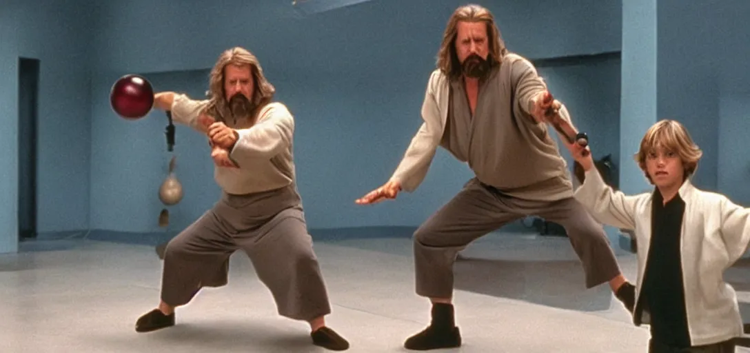 Prompt: the Big Lebowski as Luke Skywalker training on degobah levitating a bowling ball with the force