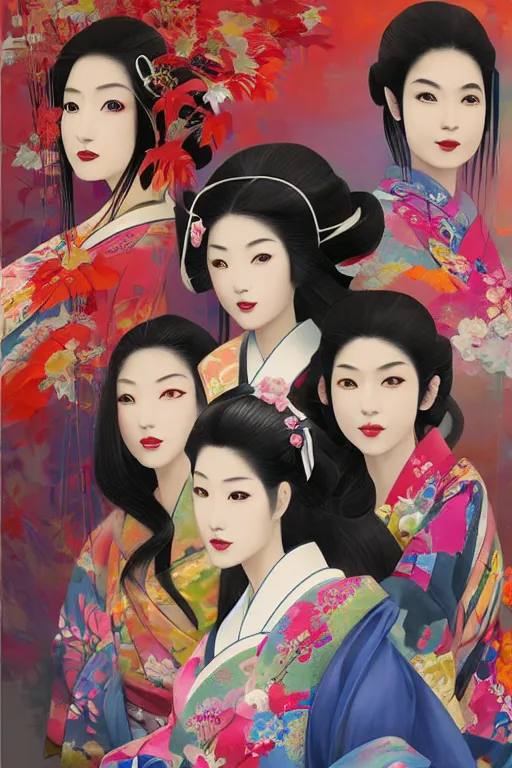 Image similar to a professional painting of 3 gorgeous Japanese Geisha girls, in brightly colored kimonos, long dark hair, beautiful bone structure, symmetrical facial features, intricate, elegant, digital painting, concept art, smooth, sharp focus, illustration, from StarCraft by Ruan Jia and Mandy Jurgens and Artgerm and William-Adolphe Bouguerea, epic, stunning, gorgeous, intricate detail, much wow, 4K, masterpiece, trending on artstation