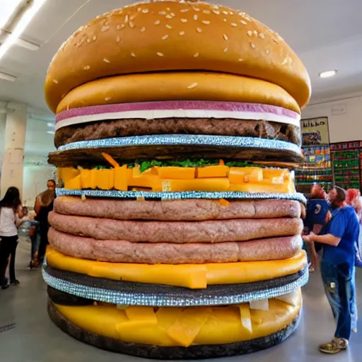 Image similar to a 1 5 foot tall burger with 1 0 0 0 slices of cheese on it stacking up to the ceiling