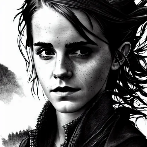 Image similar to Emma Watson in a dystopian fantasy scenario, artstation, concept art, sharp focus, illustration in pen an ink, extreme wide angle, detailed background, extremely detailed, extremely complex, black and white, art by  Kentaro Miura