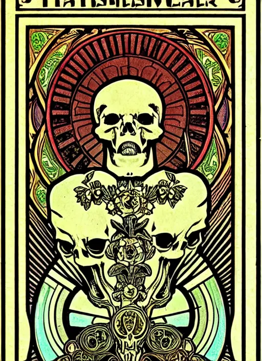 Image similar to symmetry!! a tarot card with a skull, intricate, highly detailed, ornate, aesthetic, alphonse mucha