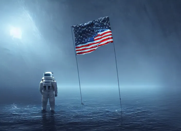 Image similar to astronaut holding a flag in an underwater desert. a submarine is visible in the distance. dark, concept art, cinematic, dramatic, atmospheric, 8 k, trending on artstation, blue, fish, low visibility, fog, ocean floor, christopher nolan, interstellar