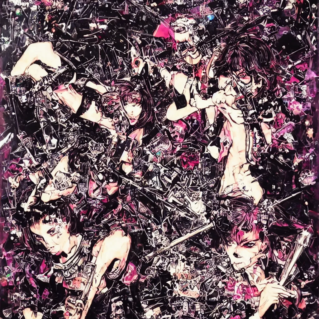 Image similar to punk girl destroying a crt tv with a spiked baseball bat by ayami kojima