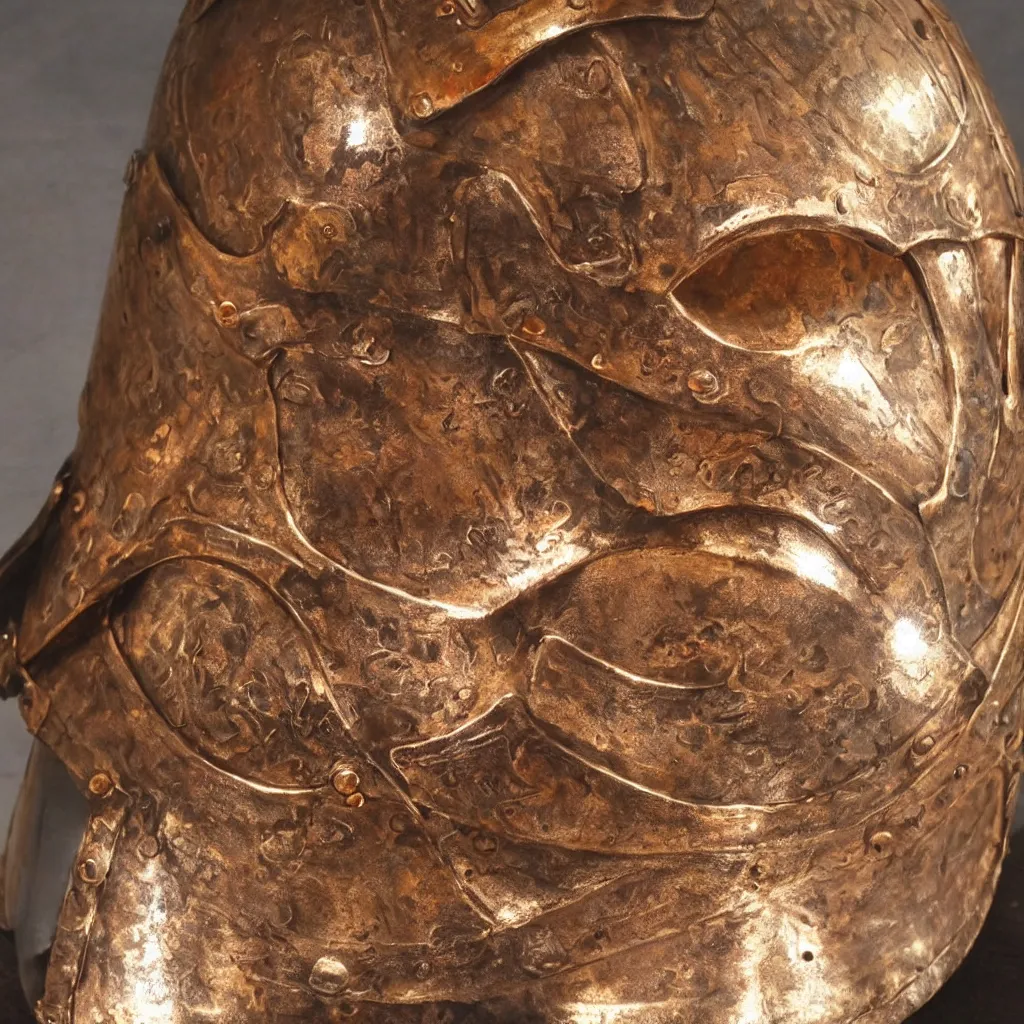 Image similar to a real knight's helmet that is made of copper and gold, beautiful sculpted details