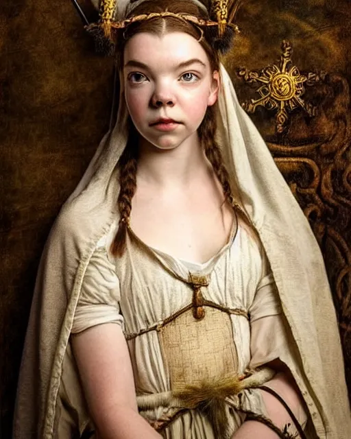 Prompt: anya taylor - joy medieval portrait, druid ranger, delicate detailed medieval portrait in the style of eugene de blaas, perfect face