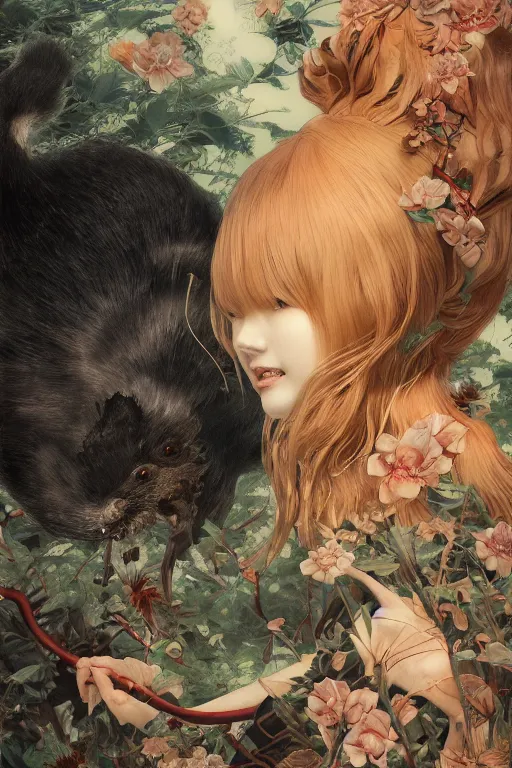 Prompt: a cover of japanese art portrait of a cute girl magazine about animal creatures bio by illustrated by miyazaki by karol bak, james jean, tom bagshaw, rococo, sharp focus, trending on artstation, cinematic lighting, hyper realism, octane render, 8 k, hyper detailed, vivid, ultra detailed, highly detailed