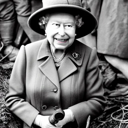 Image similar to Queen Elizabeth II holding a gun while in WWII trenches, highly detailed, high quality, HD, 4k, 8k, Canon 300mm, professional photographer, 40mp, lifelike, top-rated, award winning, realistic, sharp, no blur, edited, corrected, trending