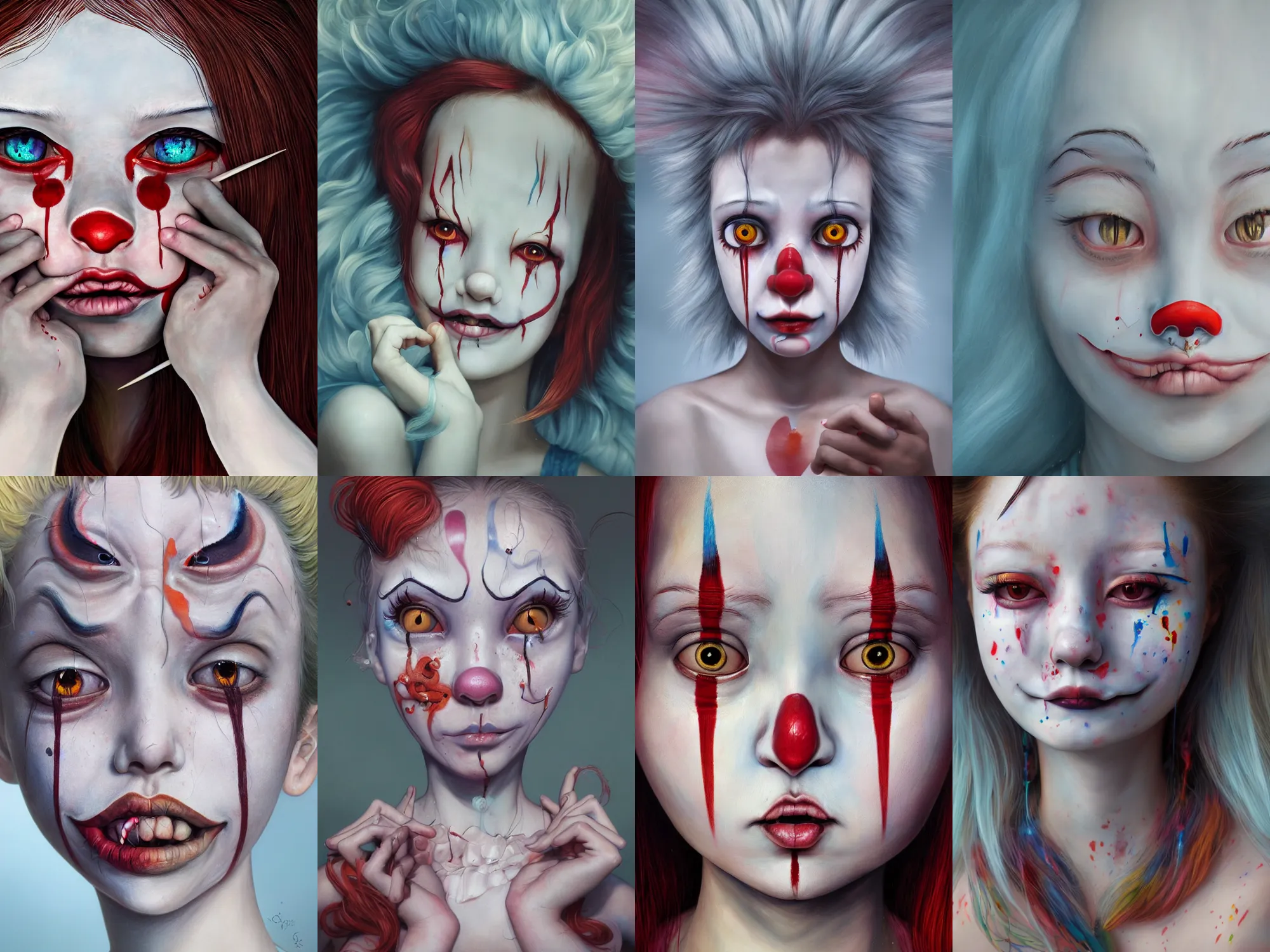 Prompt: detailed painting of clown girl crying, piercing eyes, james jean, miho hirano, hyperrealistic, octane render, ambient light, dynamic lighting