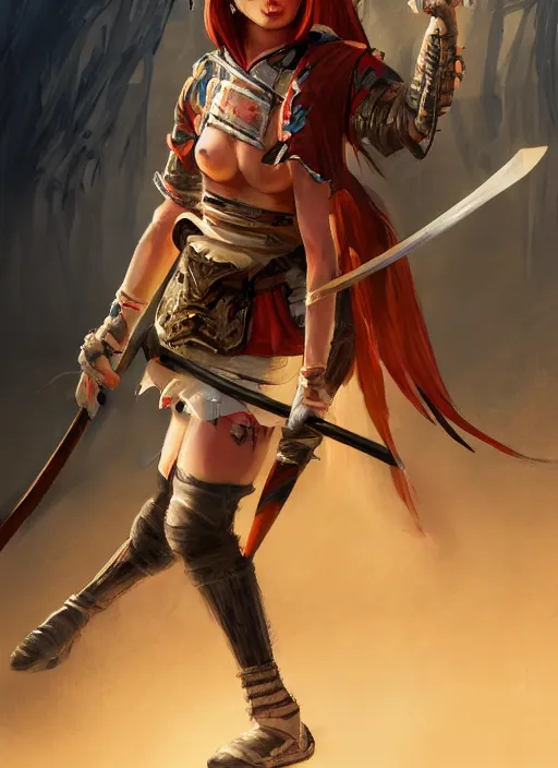 Image similar to samurai girl which chest wrapped in bandages with katana in desert, fantasy, medieval, vivid colors, fantasy, elegant, concept art, sharp focus, beautiful face, digital art, Hyper-realistic, 4K, Unreal Engine, Highly Detailed, HD, Dramatic Lighting by Brom, trending on Artstation