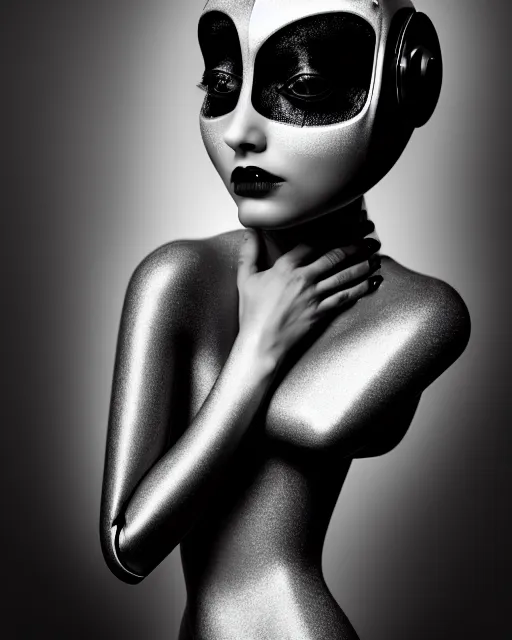 Image similar to surreal mythical dreamy dark artistic black and white fine art 3 / 4 fashion portrait photo of a young beautiful delicate female robot with orchid - owl face, rim light, cinematic, studio dramatic light, poetic, masterpiece, octane render, 8 k, photo - realistic by hg giger and man ray