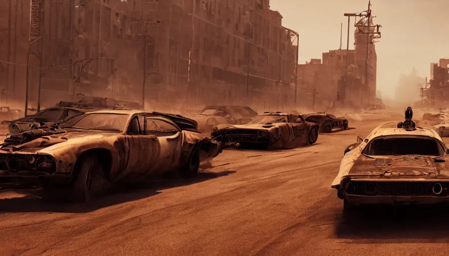 Prompt: racing in the streets of destroyed marseille in mad max, lightning, sandstorm, cars, hyperdetailed, artstation, cgsociety, 8 k