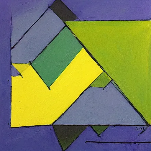 Prompt: painting, rectangle and triangle shapes ( colors : blue, yellow, green ), divided by black lines