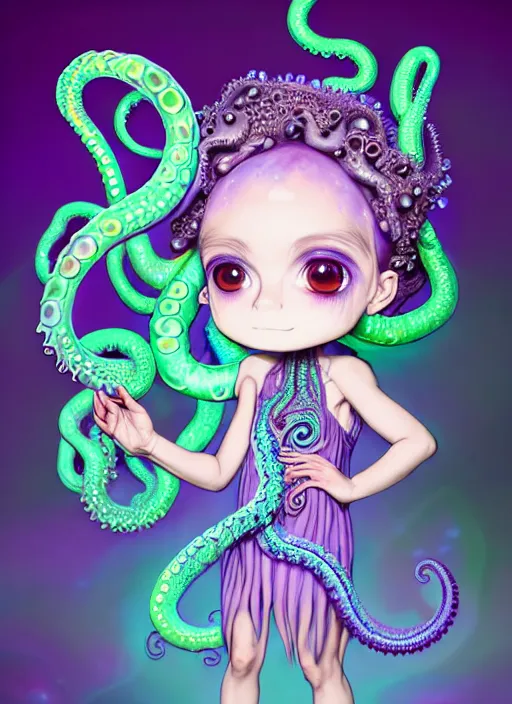 Prompt: A full shot of a cute magical monster Cryptid wearing a dress made of opals and tentacles. Chibi Proportions. Subsurface Scattering. Translucent Skin. Caustics. Prismatic light. defined facial features, symmetrical facial features. Opalescent surface. Soft Lighting. beautiful lighting. By Giger and Ruan Jia and Artgerm and WLOP and William-Adolphe Bouguereau and Loish and Lisa Frank. Sailor Moon. trending on artstation, featured on pixiv, award winning, sharp, details, intricate details, realistic, Hyper-detailed, HD, HDR, 4K, 8K.