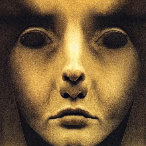 Prompt: woman face staring, portrait, flash photograph, fisheye, by Zdzislaw Beksinski