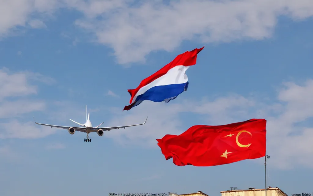 Prompt: a plane from Konstantin airlines wih an georgian flag on it flying