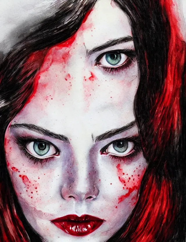 Prompt: portrait of a young emma stone as the scarlet witch, beautiful eyes, long black hair, aquarelle, realistic painting, freckles, 1 / 4 headshot