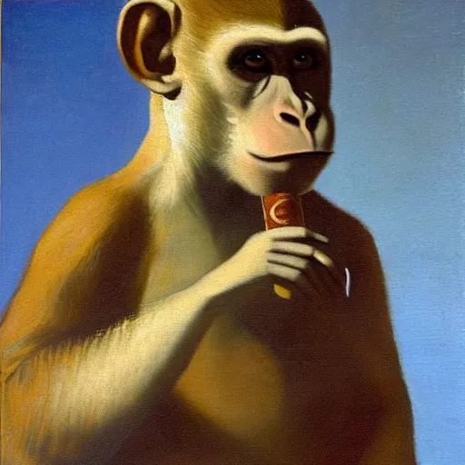 Image similar to Monkey smoking a Cuban cigar, oil on canvas, by Johannes Vermeer