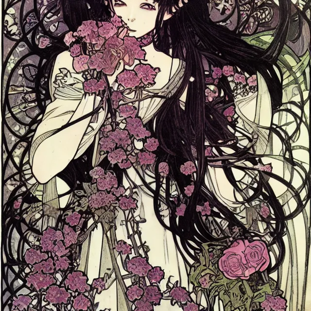 Prompt: gothic lolita and black roses. gouache manga artbook illustration by clamp and alphonse mucha.