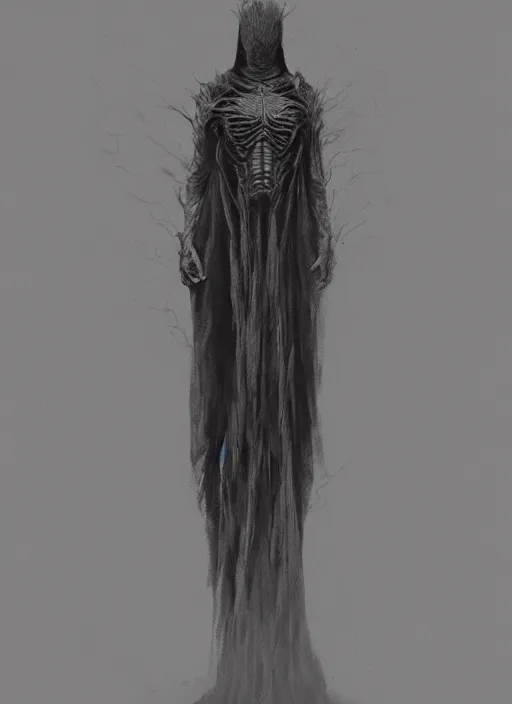 Image similar to concept art of a character with a black robe, glowing eye, digital art, trending on artstation, wayne barlowe and zdzislaw beksinski