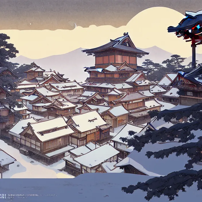 Image similar to japanese rural town, winter, in the style of studio ghibli, j. c. leyendecker, greg rutkowski, artem